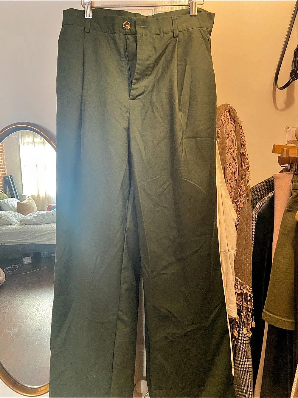 Cider Solid High Waist Pleated Wide Leg Trousers Green Large